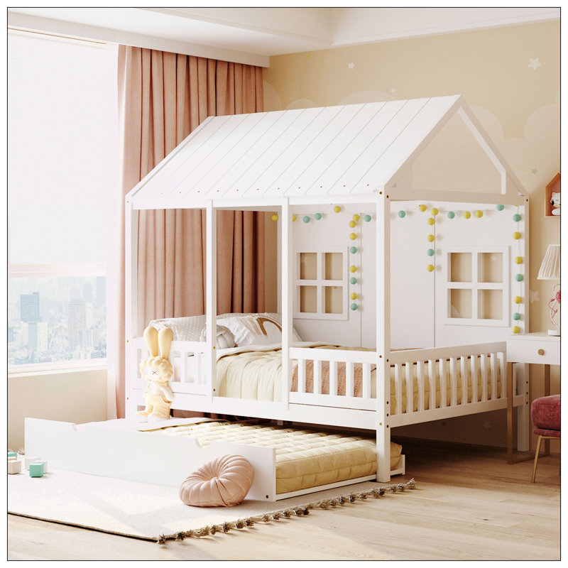 Full Size Wood House Bed With Twin Size Trundle, White