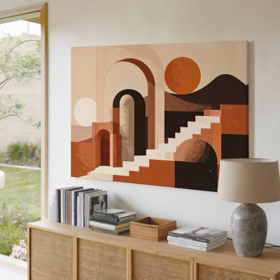 Toile arche méditerranéenne, architecture géométrique avec tons terreux chaleureux, art mural prêt à accrocher
