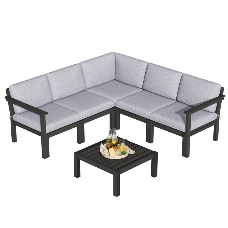 5 - Person Modular Patio Conversation Sets With Cushions, 6-Piece Outdoor All-Weather Waterproof HIPS Sofa Seating Group, Black