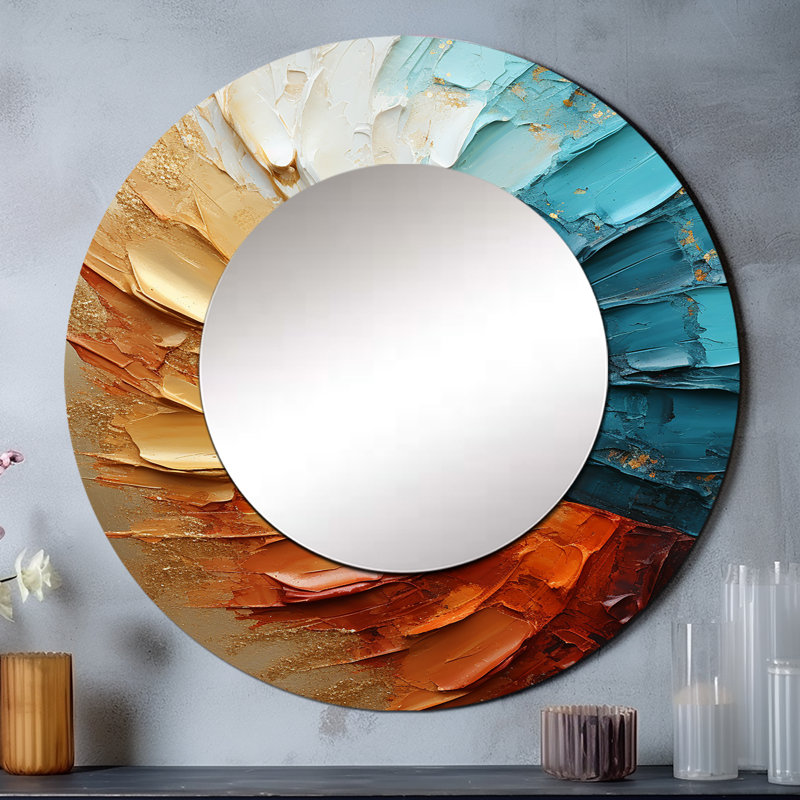 «Sayden Gold Blue Desert Mirage Spiral», grand miroir mural à spirales abstraites, miroir rond doré unique, impression sur métal