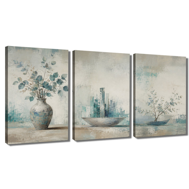 3 panneaux muraux Vase eucalyptus, reproduction d'art sur toile tendue, 20 * 30 pouces * 3