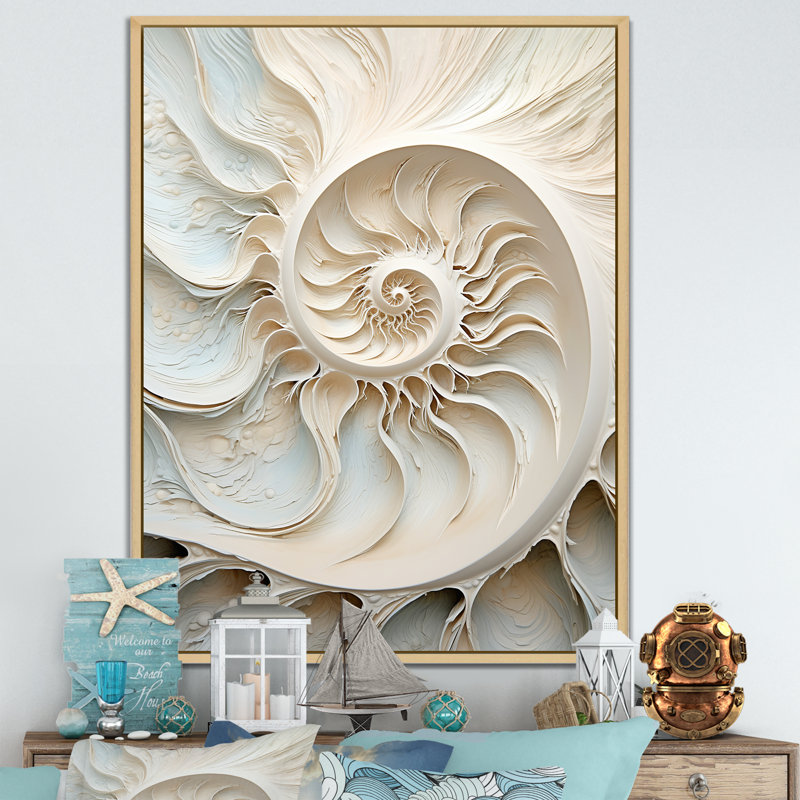 Ivoire Infinity Sea Sheel Spiral sur toile, Cadre naturel flottant, 40" H x 30" W