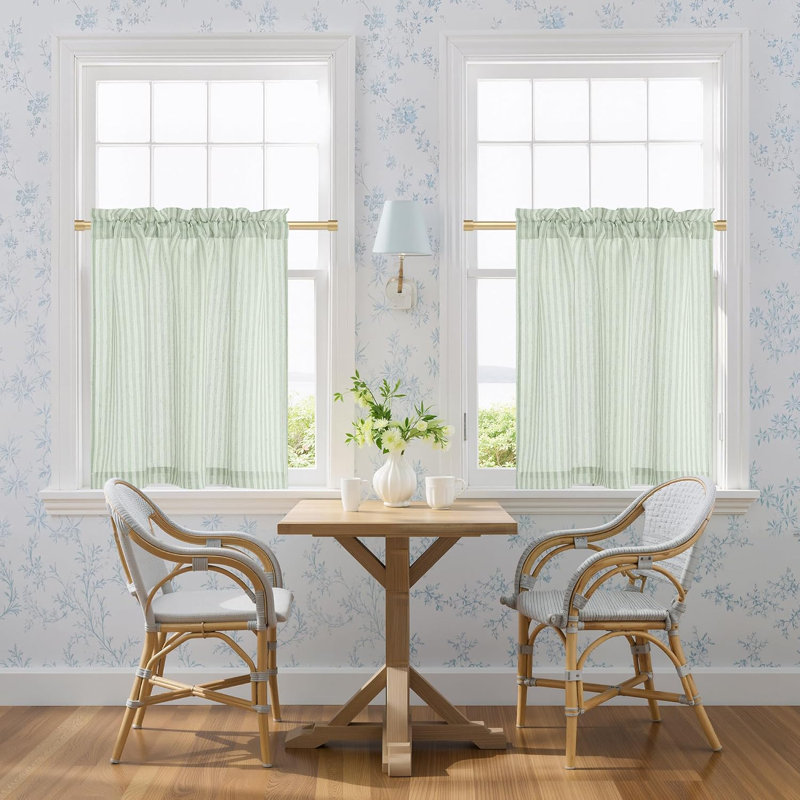  Sheer Linen Kitchen Curtains, Striped Print Farmhouse Decor Cafe Curtains, Boho Drapes with Rod Pocket for Living Room Bathroom, 2 Panels