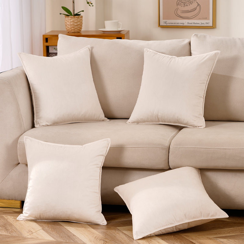 Set Of 4 Throw Velvet Cushion Covers, 22"H x 22"W, Cream