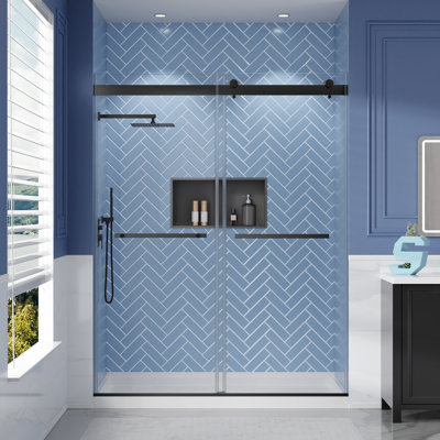 56-60＂W x 75＂H Frameless Double Sliding Shower Door, 5/16＂Tempered Glass Bathroom Shower Door