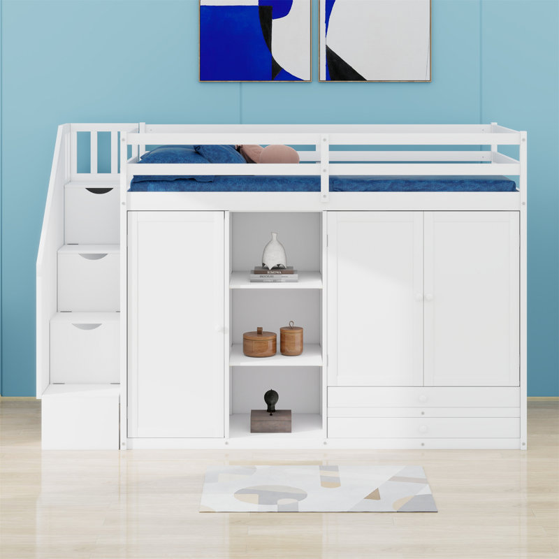 Lit mezzanine avec tablettes, armoires et tiroirs, Blanc