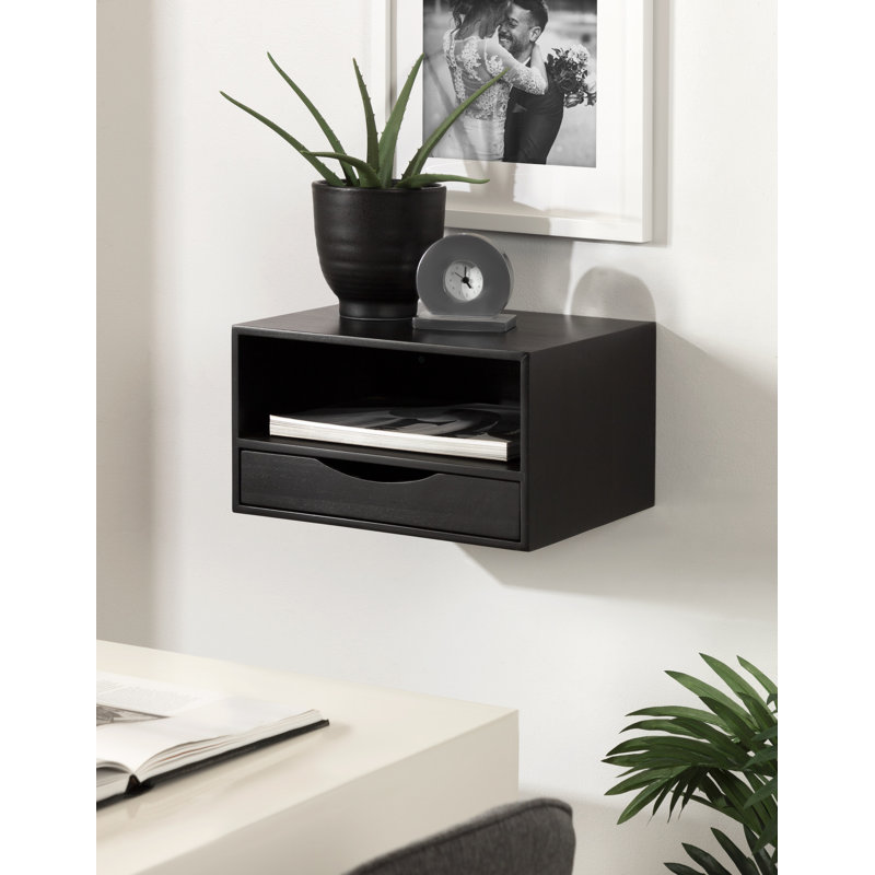 Adeana Poplar Floating Shelf with Drawer, Black