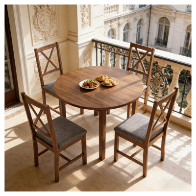 Ensemble de 4 chaises de salle à manger rembourrées avec dossier en X, pieds en bois d'hévéa massif, chêne foncé et tissu en lin gris