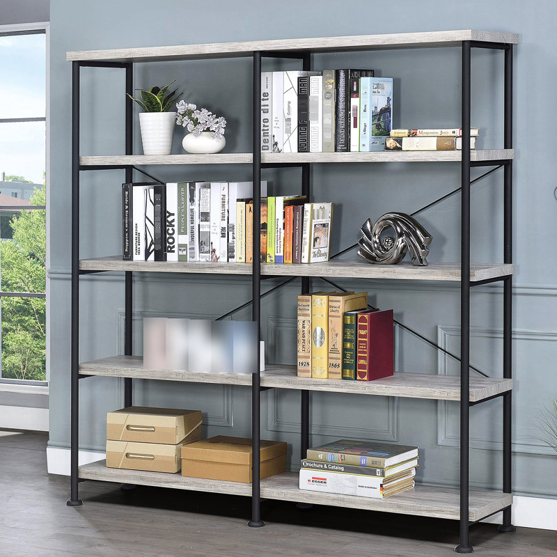 Bibliothèque ouverte avec 4 tablettes en bois flotté gris et métal noir pour support de barre de jeu à 4 tablettes