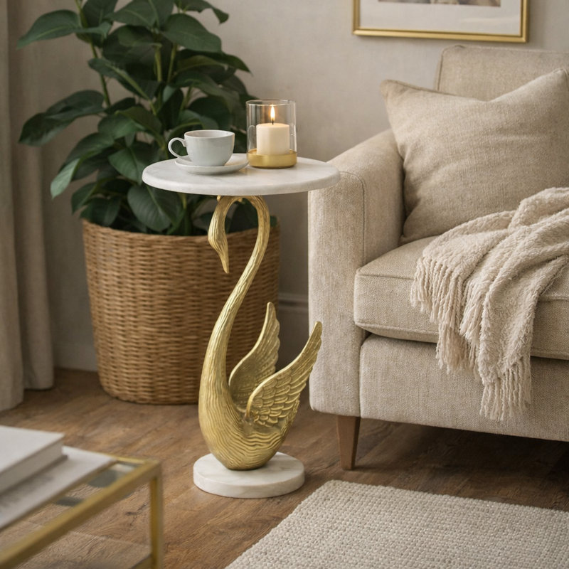 Swan Side Table with White Marble Top | Decorative Sculptural End Table | Aluminum Base | Gold Accent Table for Living Room | 16x16x23.75"