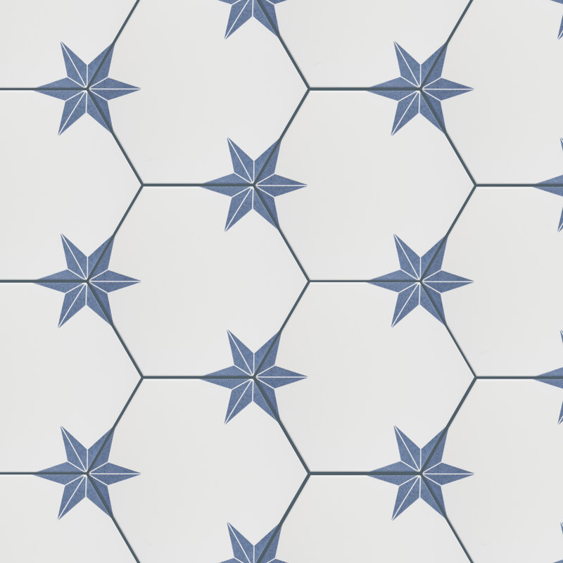 Merola Tile Stella Hex 9" x 10" Porcelain Pattern Wall & Floor Tile, White/Blue