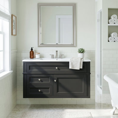 Meuble-lavabo mural en bois aggloméré 36 po à fermeture en douceur intégré avec tiroirs et lavabo simple en céramique à 3 trous 36 po
