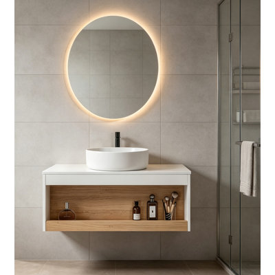 36" Floating Bathroom Vanity With Glossy White Round Vessel Sink, Wall-mounted Vanity With Open Shelf Storage, White Finish With Durable Countertop, Space-saving Modern Design (ships In 2 Boxes)