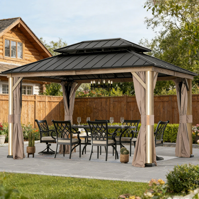 Pavillon de jardin en aluminium galvanisé à toit rigide 12 pi x 16 pi Stratford, toit vertical à 2 niveaux, rideaux, moustiquaire, éclairage DEL et prise de charge USB