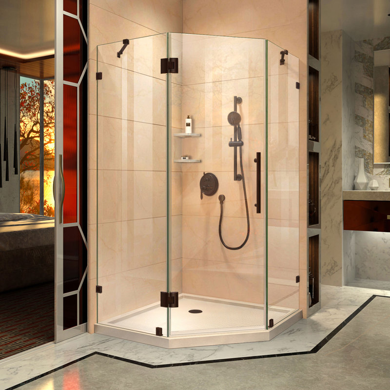 Prism Lux 38" W x 38" D x 74.75" H Frameless Neo-Angle Hinged Shower Enclosure with Base Included, Oil Rubbed Bronze/Biscuit