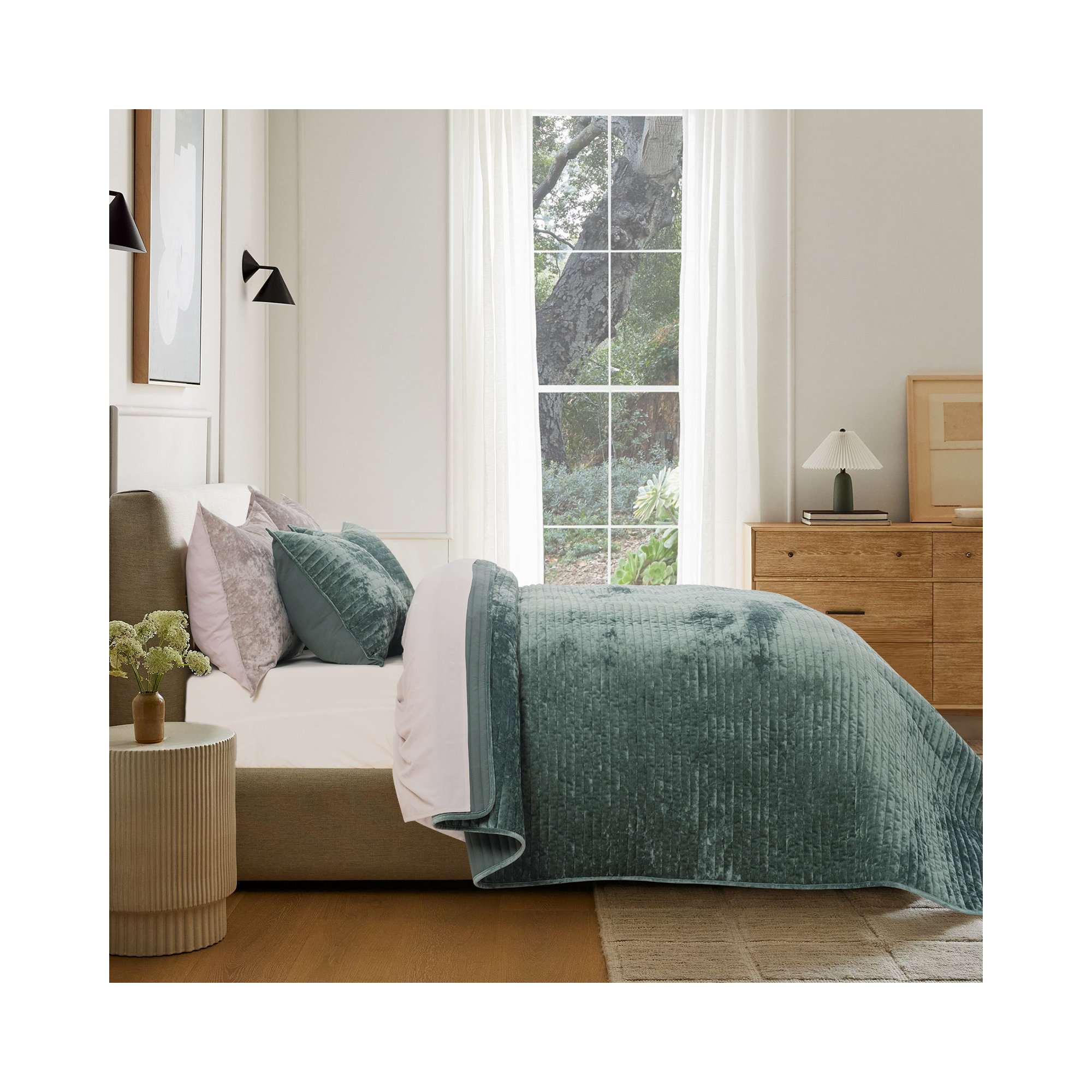 Luxe Velvet Channel Quilt Set, Queen, Dark Green
