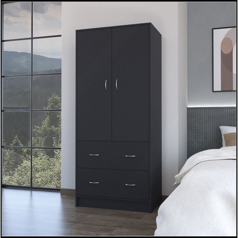 Armoire-penderie Wenden avec 2 tiroirs, 2 portes, beaucoup de rangement et une tringle, Noir