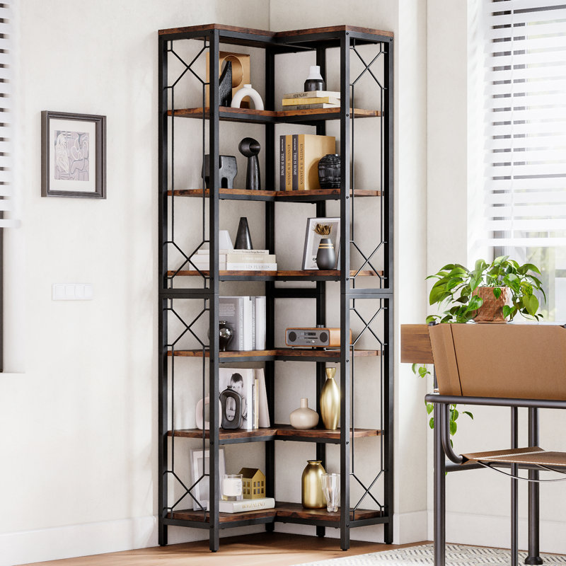 Nitya 79" Corner Bookshelf, 7-tier Industrial Corner Bookcase, Tall Corner Shelf Storage Display Rack