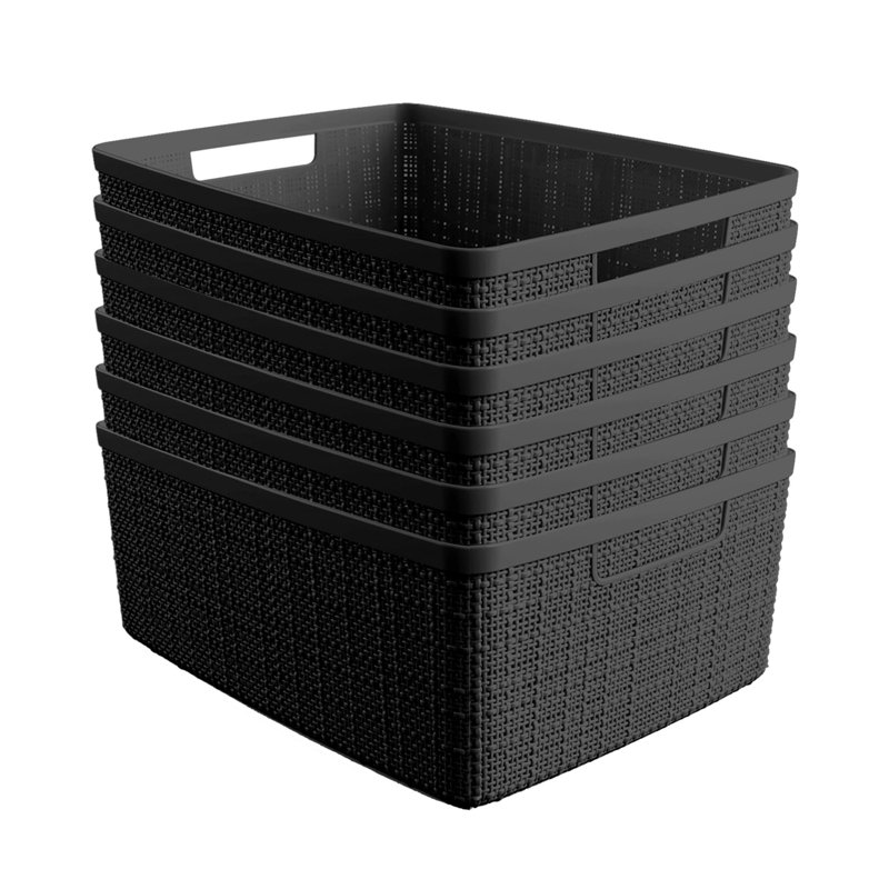 Set of 6 Medium Black Plastic Storage Baskets with Jute Decor, 12L Multipurpose Organizer Bins for Closet Shelves, Kitchen Pantry, Bedroom & Home Office Storage