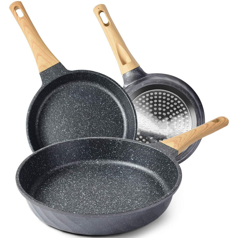 Granite Nonstick Induction Frying Pan Set with Wooden Handles