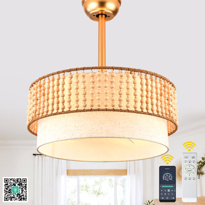 20" 3 - Blades Drum Ceiling Fan Gold Fandelier Ceiling Fan with Light, 6 Speeds Bohemian Caged Ceiling Fan for Bedroom