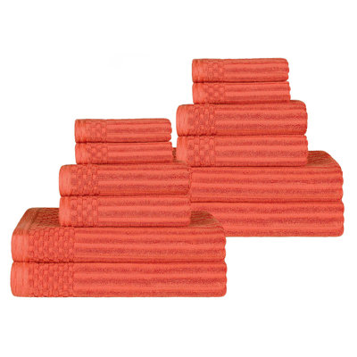 12-Piece Solid Highly Absorbent  and Checkered Border Cotton Towel Set
