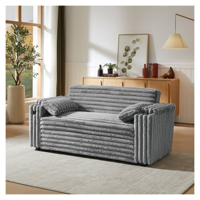 Canapé-lit convertible en velours côtelé gris clair avec lit escamotable, accoudoirs de rangement et ports de chargement USB - 3 positions réglables