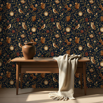 Peel and Stick Wallpaper Contact Paper Vintage Woodland Birds Owls Squirrels Clocks Self Adhesive and Removable 17.7in x 118in(45x300cm)