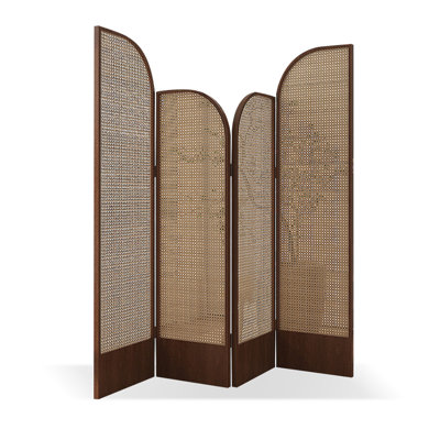 4 Panels Beige + Brown Rattan + Solid Wood Folding Room Divider