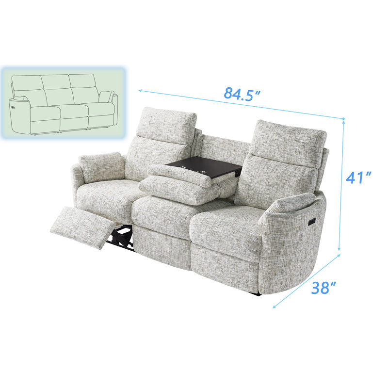 Chic Upholstered Fabric 3 Seats Power Recliner Sofa, with Flip-down Metal Table & Cup Holders, Gray/White