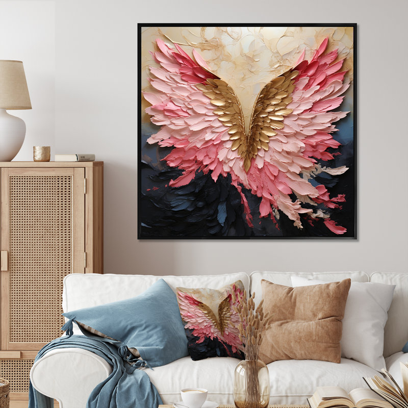 «Pink and Gold Angel Wings - Abstract Spirals», reproduction d'art sur toile encadrée, Cadre flottant doré, H 36 po x l 36 po