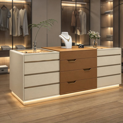 Coffret à bijoux de luxe lumineux de 180 cm (70,87 po) en placage de cuir bicolore – Structure en bois massif multicouche, plateau en verre trempé, poignées rainurées, plusieurs tiroirs avec éclairage d'ambiance, organisateur de bijoux