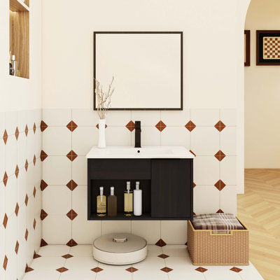 Ensemble de meuble-lavabo mural 24 po avec lavabo en céramique, étagère ouverte et porte à fermeture en douceur, conception compacte, robinet et drain non inclus 24 po