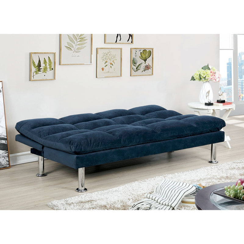 Futon contemporain en microfibre bleu marine convertible en lit, 2 places, fabriqué, pieds de soutien supplémentaires, idéal pour les sièges de chambre à coucher