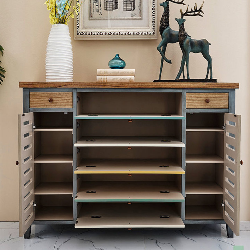 28 Pair Shoe Storage Cabinet, Natural/Gray/Green