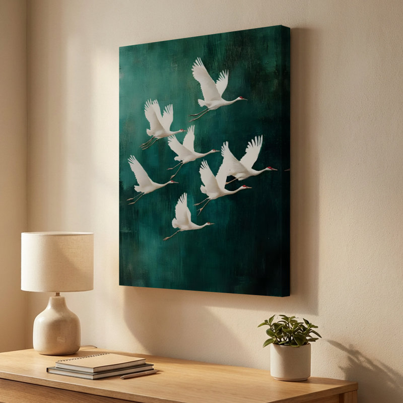 Grues blanches éthérées en vol, fond bleu sarcelle, peinture à l'huile sur toile tendue - H 36 po x l 24 po