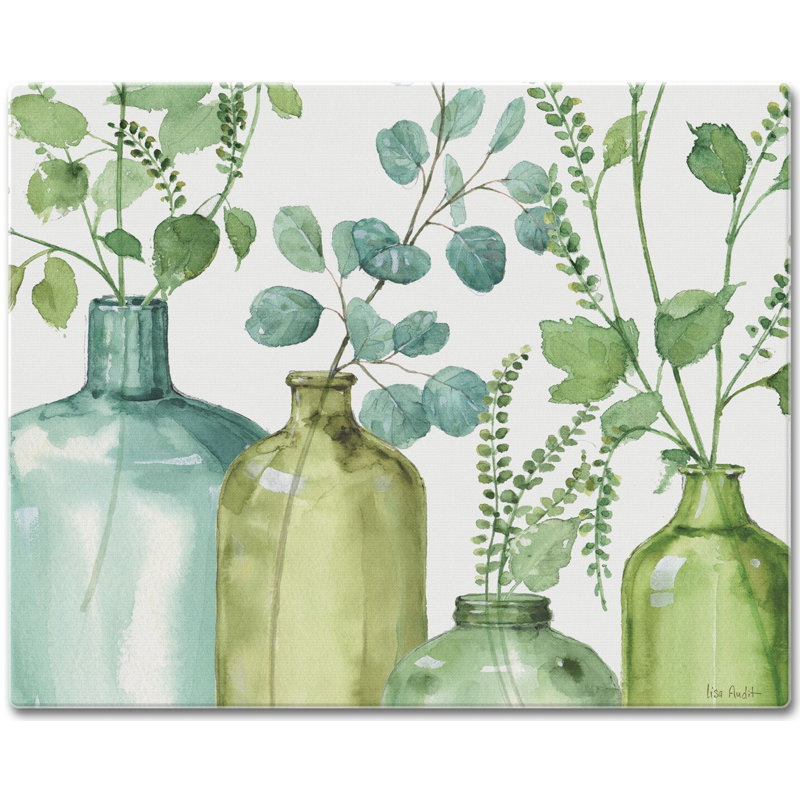 Greenery Tempered Glass Rectangular Cutting Board with Non-Slip Feet