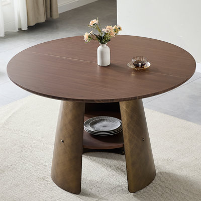 Table de salle à manger ronde de 47,25 pouces, style rétro, texture brossée, convenant à 4 à 6 personnes, plateau de table en bois aggloméré, structure en métal, bois de noyer, couleur bronze.