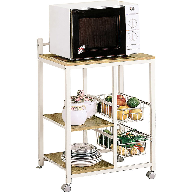 Rectangular Natural Brown And White Kitchen Cart, Shelf For Appliances, Storage With Shelves Wire , 4 Movable Piece Toaster Oven Shelf, Storage, Transportable, Contemporary