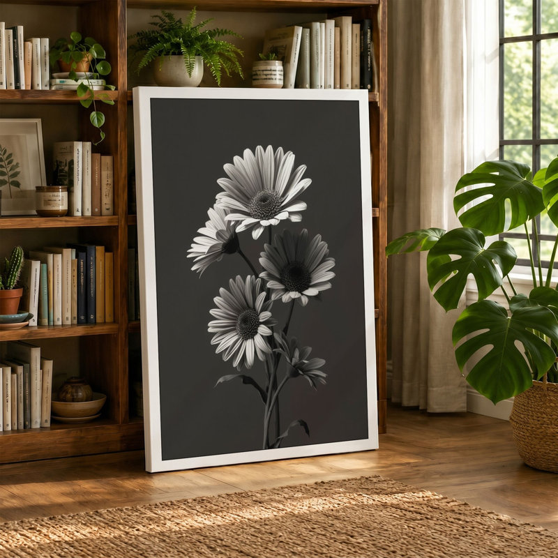 Gerbera Study in Grey Botanical - Wrapped Canvas, 24x16 - 61.0 x 40.6 cm, Sage Border