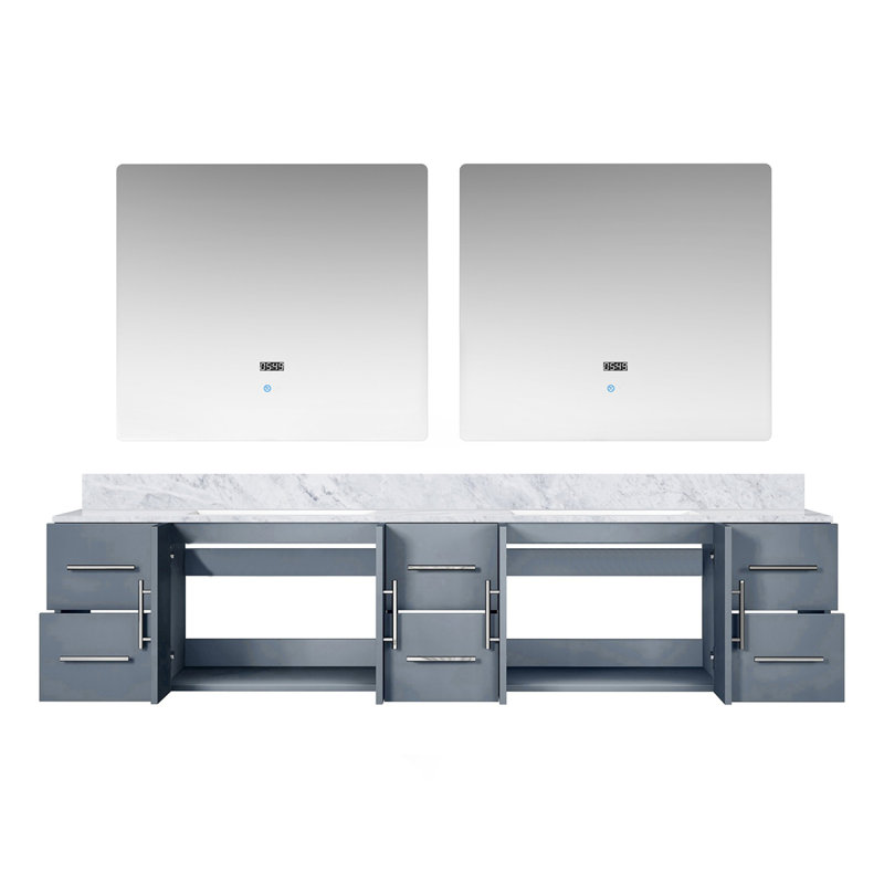 Meuble-lavabo double gris foncé l 84 po x P 22 po, comptoir en marbre de Carrare et miroirs à DEL 36 po