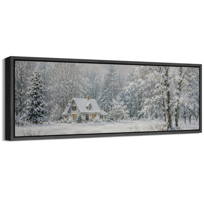 «Snowy Cottage Forest Winter Cabin Landscape Wall Decor», reproduction d'art encadrée sur toile encadrée