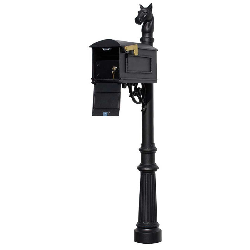Black Aluminum Locking Post Mounted Mailbox with Horsehead Finial