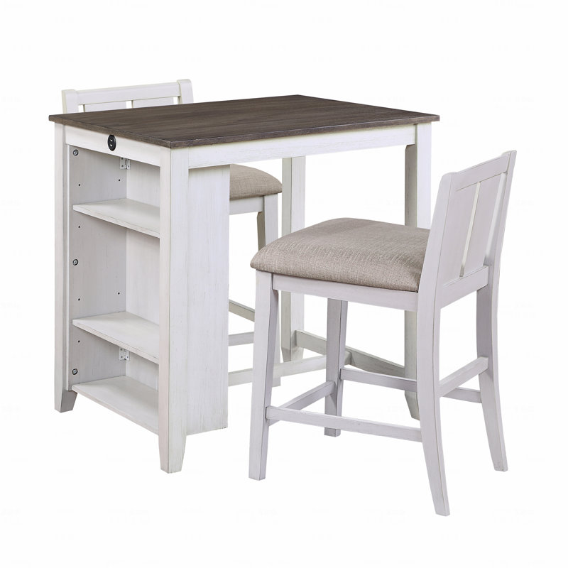 Ensemble de table 3 pièces à hauteur de comptoir avec ports USB et 2 chaises de comptoir revêtues de tissu, Blanc, Blanc