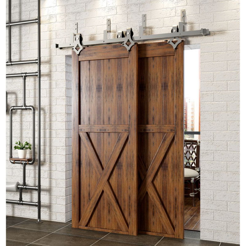 Brushed Nickel Diamond Design Z-Shape Double Track Bypass Two Door Hardware Kit(Door Not Included）, 216 in.