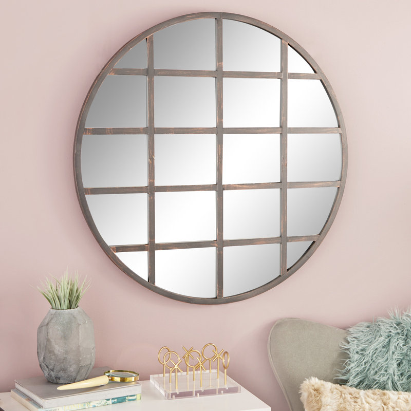 36" Round Bronze and Wood Accent Mirror