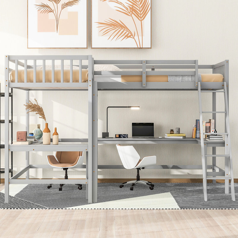 Lit mezzanine simple en L avec 2 bureaux encastrés en bois