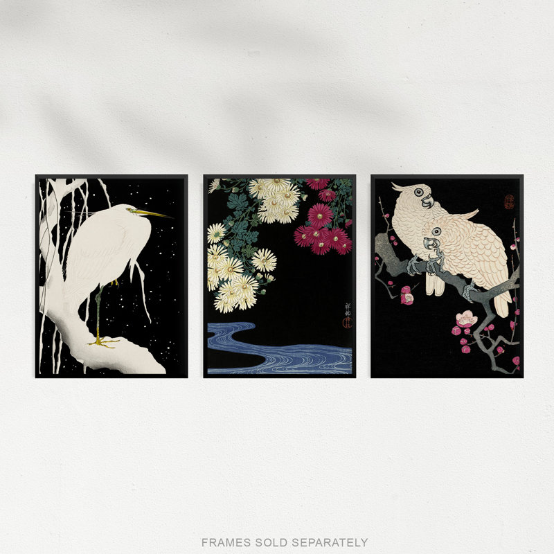 Adayla Kacho-e Bird Flower Heron Cockatoo Paintings Art - 3 Piece No Frame Print, 29.7" H x 21" W x 0.4" D