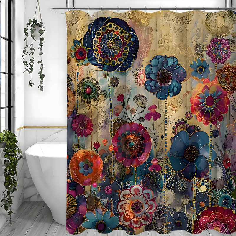Rideau de douche avec crochets inclus, H 72 po x l 72 po, Rouge / orange / jaune / bleu / beige / vert flora