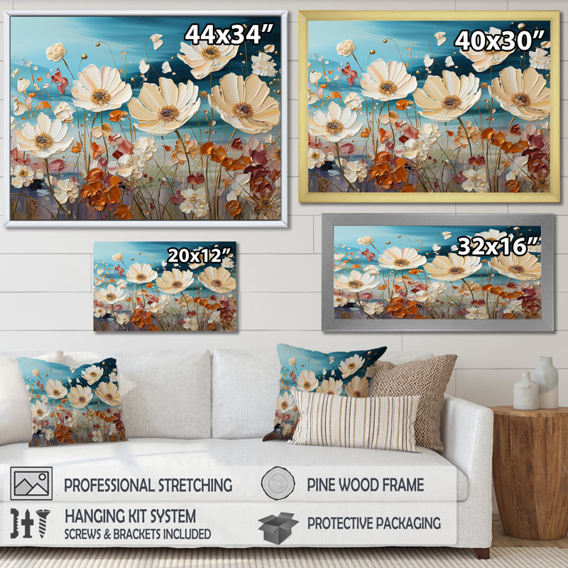 Fleurs de saison beige et bleues - imprimé, H 30 po x l 40 po x P 1,5 po, Cadre flottant noir